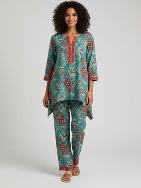 Signal Nisha Lounge Pajamas NWT floral 100% cotton Orange turquoise medium